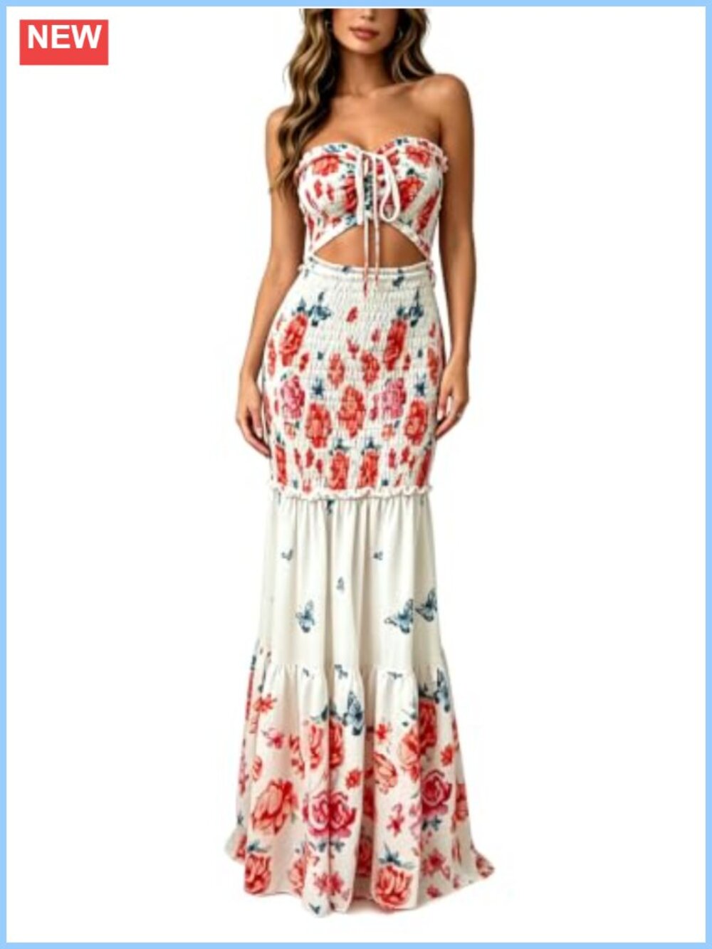 Floral Bandeau Prom Dress Tie Front Convertible Mermaid Hem Formal Party - Picture 1 of 5